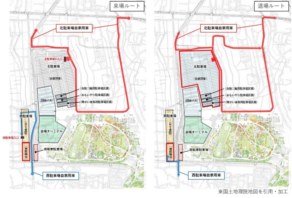 自家用車駐車場への入退場ルートを示した地図