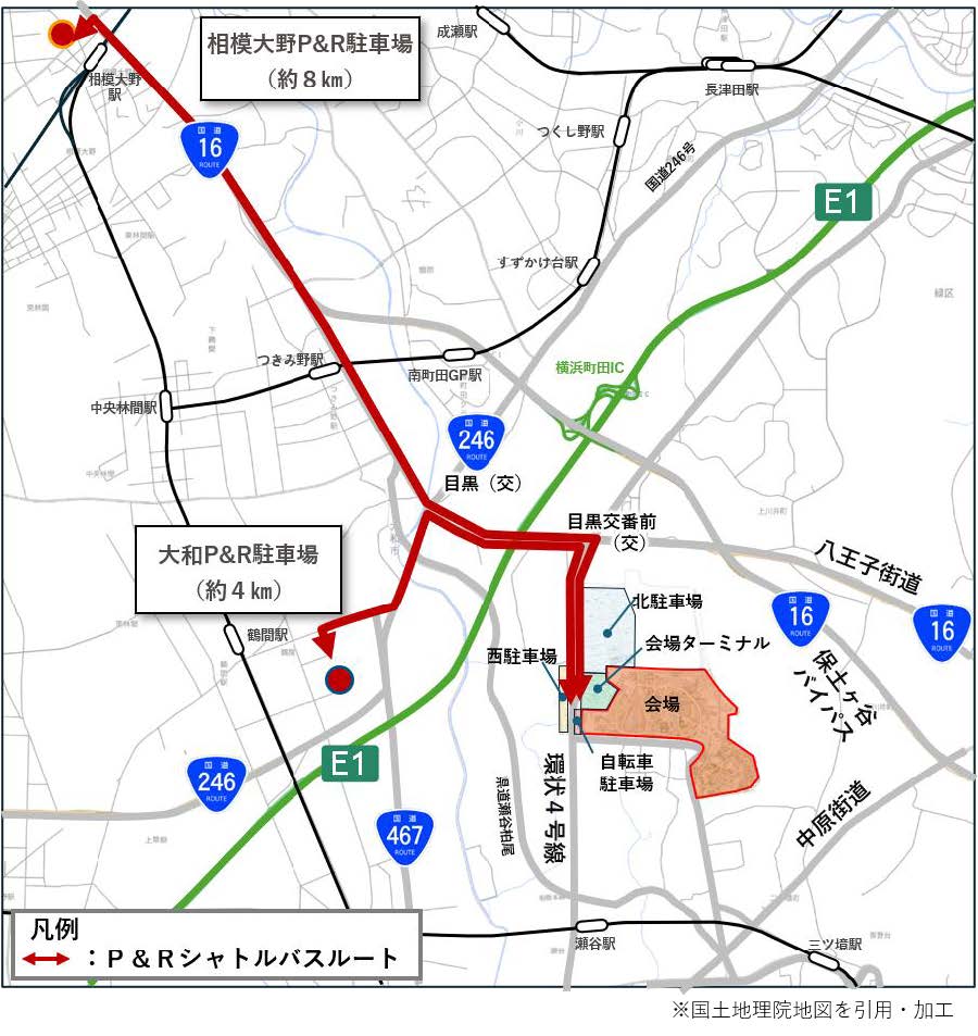 大和・相模大野のP&Rシャトルバスの運行ルートを示した地図