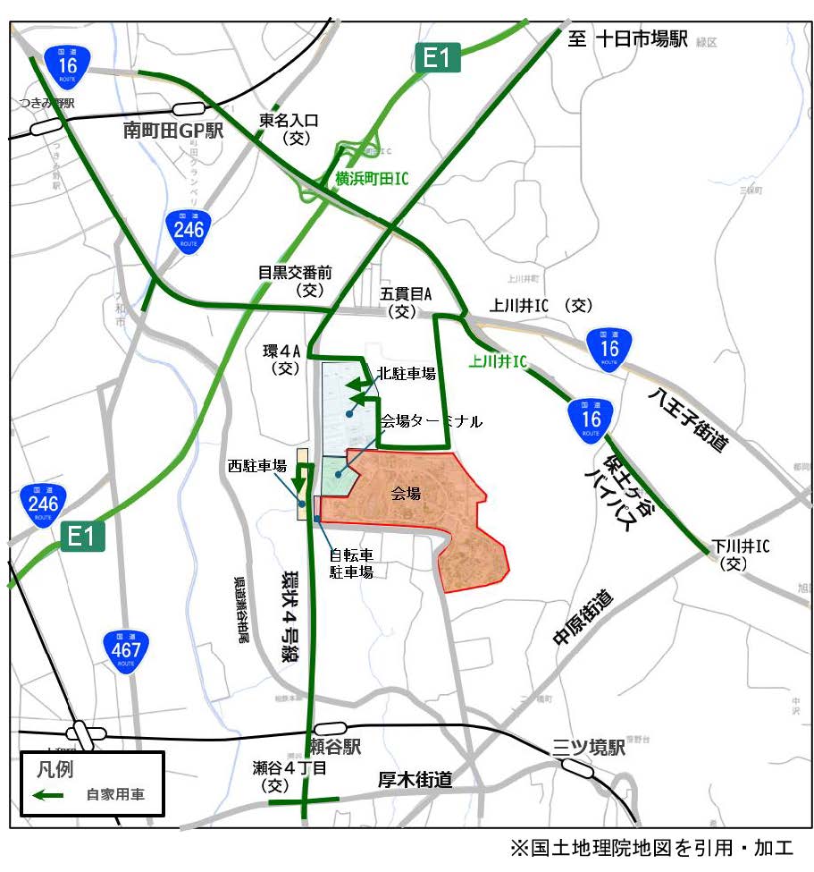 自家用車で会場へ向かう際の推奨ルートを示した地図
