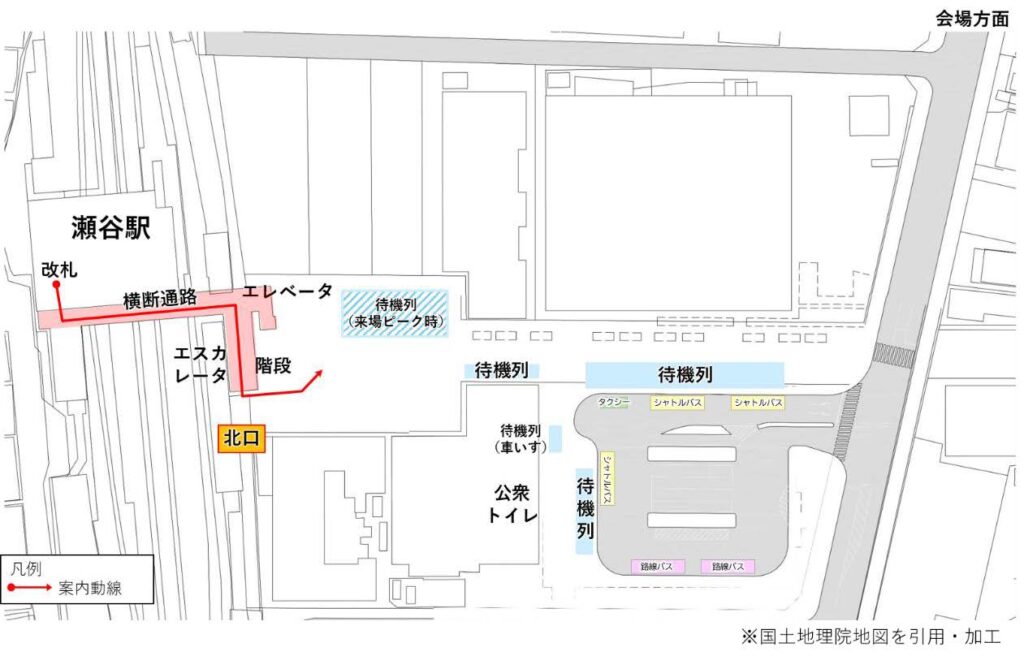 瀬谷駅のシャトルバス乗車場所と案内動線・待機スペースを示した図