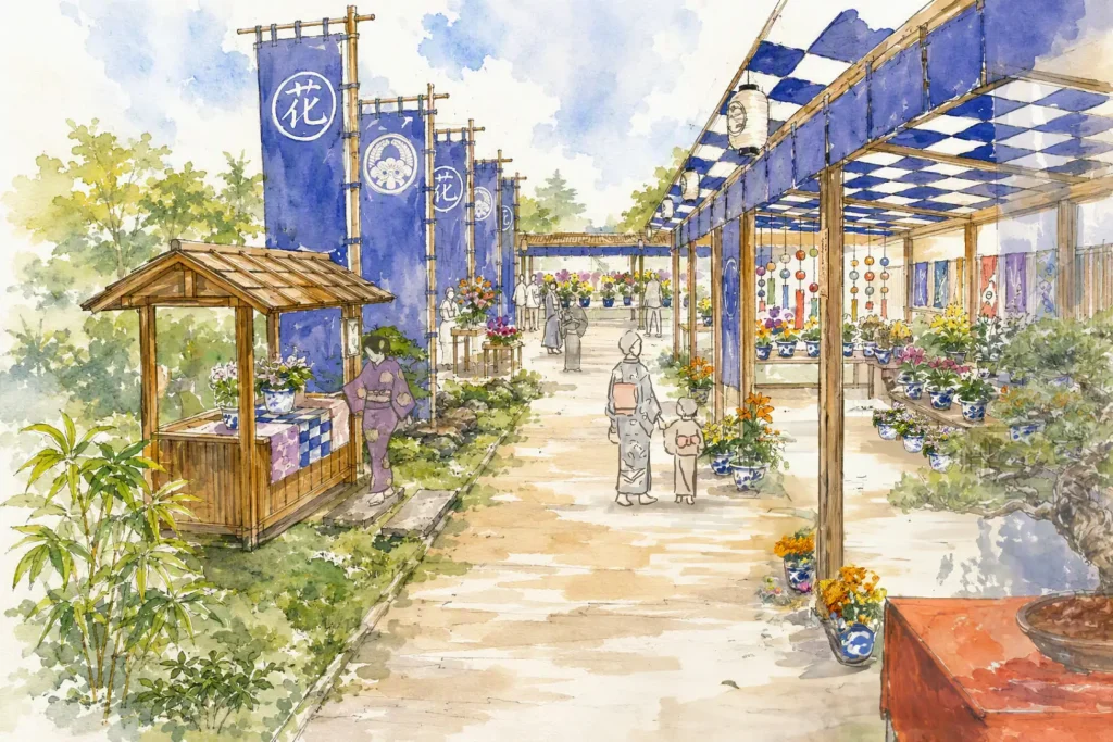 園芸植物を展示しながら販売していた棚のイメージ