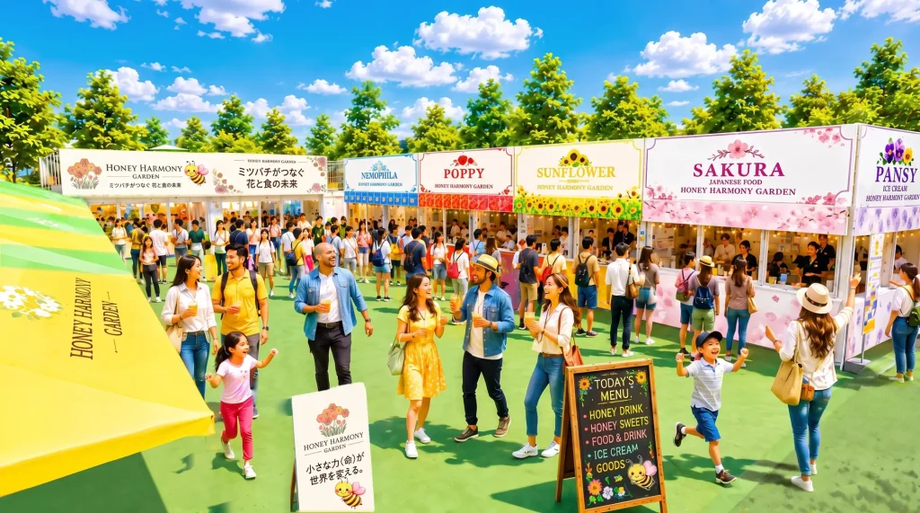 HONEY HARMONY GARDENの施設イメージパース。花の名前を掲げた店舗が並ぶ