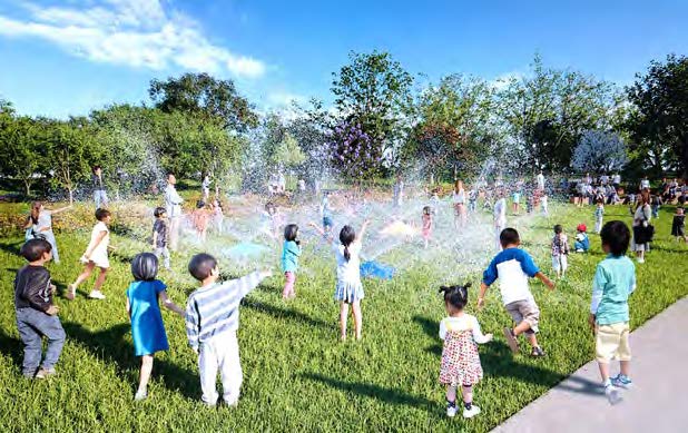 活動広場の芝生で水遊びをする子どもたちのイメージ