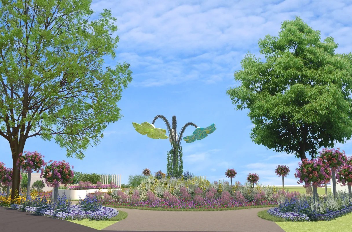 花壇に囲まれた中央に、緑と青の大きな花のオブジェが立つ庭園のイメージ