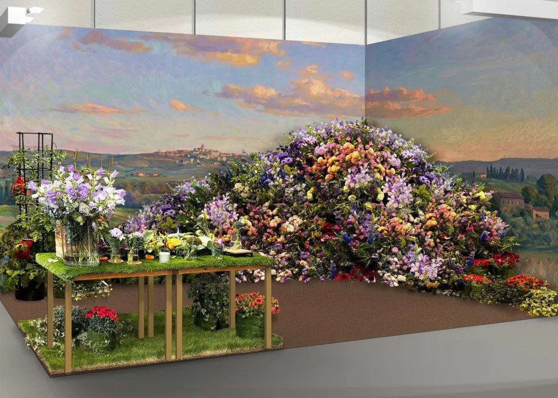 花の丘とテーブルを組み合わせた屋内展示のイメージ