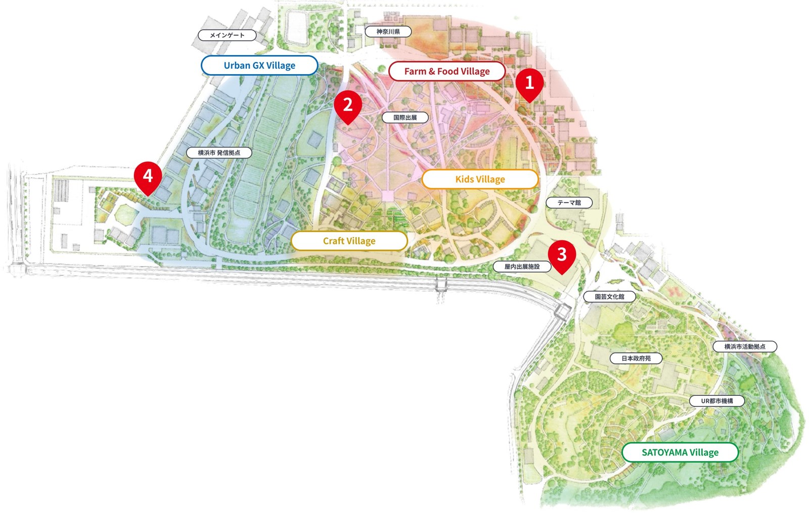 会場図に1から4の赤いピン。1がFarm & Food Village、2が国際出展、3が屋内出展施設、4がUrban GX Village