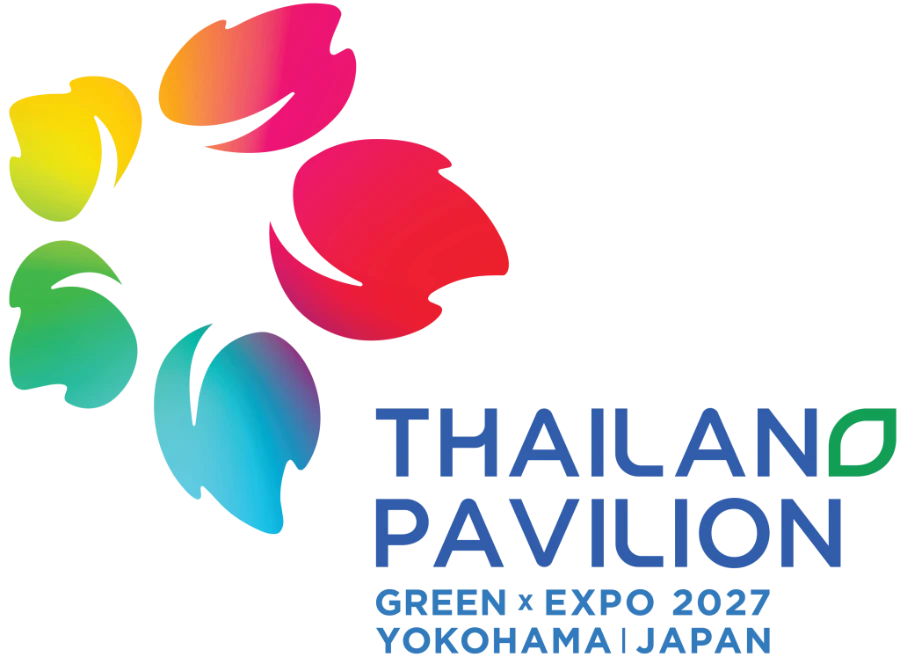 Thailand Pavilionのロゴ。5枚の花びらと「THAILAND PAVILION GREEN×EXPO 2027 YOKOHAMA JAPAN」の文字