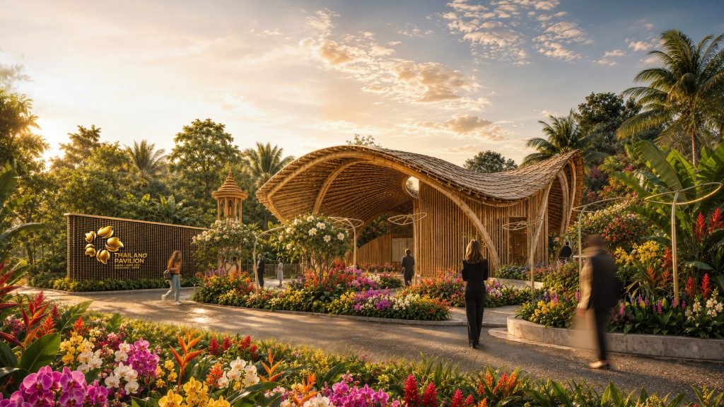 Thailand Pavilionの完成予想パース。花壇に囲まれた、波打つ大屋根の建物