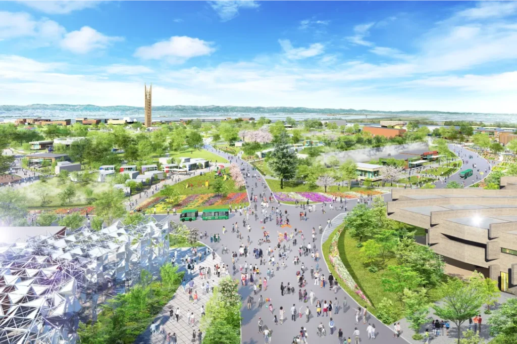 花壇や樹木が広がるGREEN×EXPO 2027の会場イメージパース