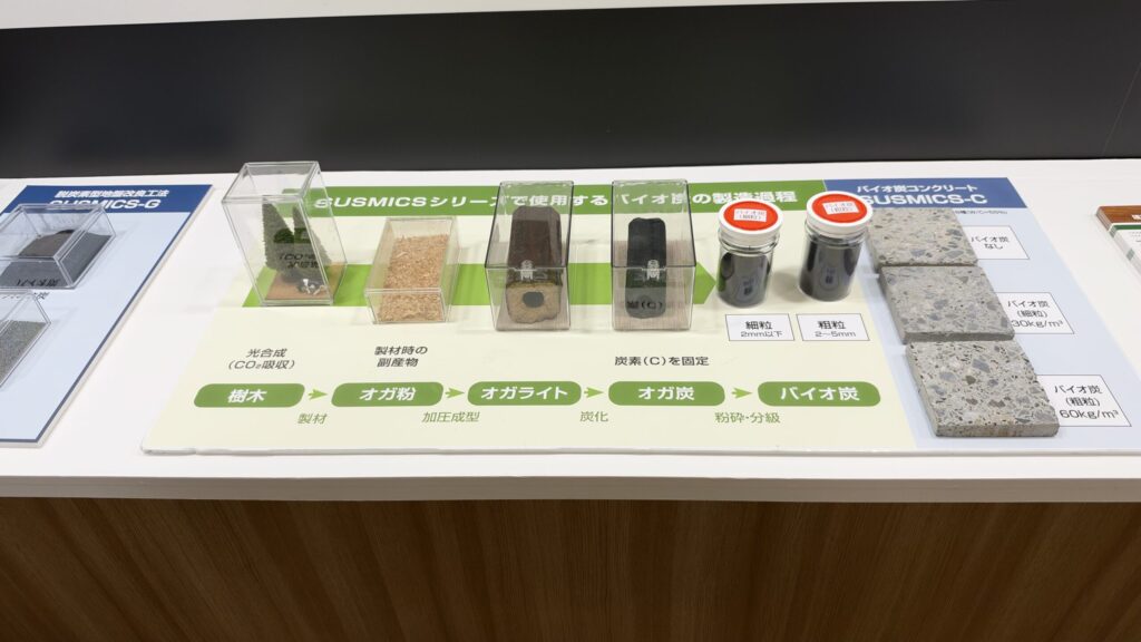 オガ粉からオガライト、オガ炭、バイオ炭になるまでの実物の展示
