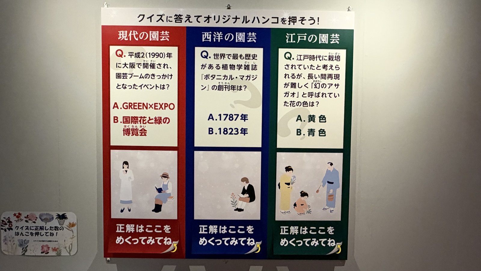 「クイズに答えてオリジナルハンコを押そう!」のパネル。現代の園芸・西洋の園芸・江戸の園芸の3問