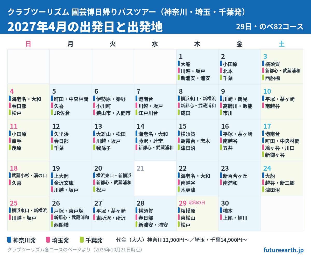 神奈川・埼玉・千葉発の2027年4月の出発日と出発地のカレンダー