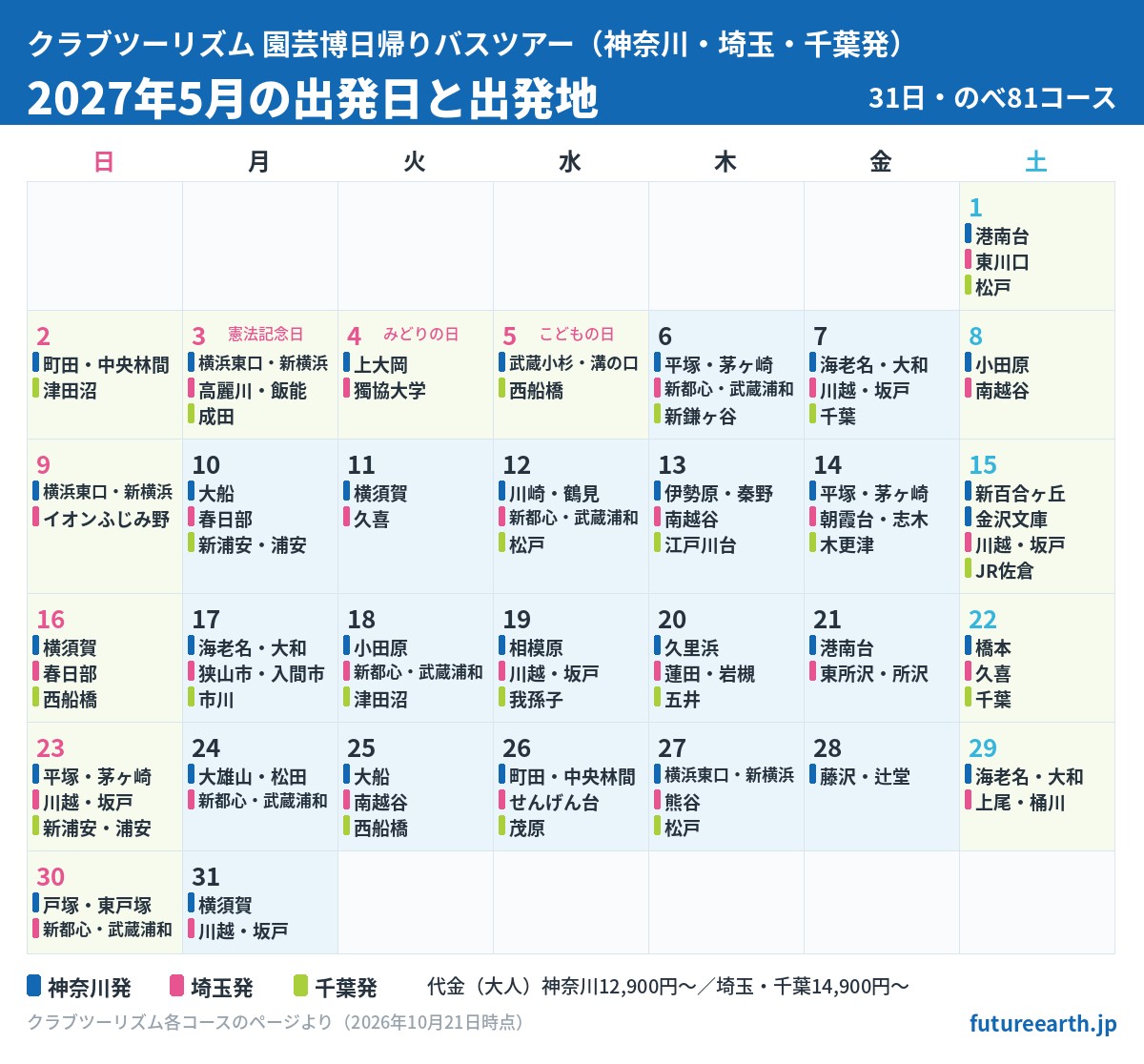 神奈川・埼玉・千葉発の2027年5月の出発日と出発地のカレンダー