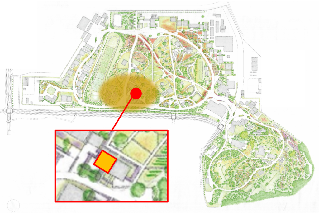 会場図の上に、クラフトビレッジの範囲とクラフト館・Aの位置を示した位置図