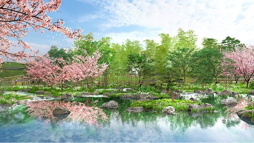 日本政府苑「令和日本の庭」雅の苑のイメージパース。桜と池、石組み