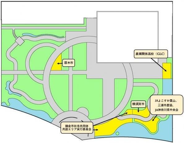 かながわ館の屋外庭園での共同出展などの位置図