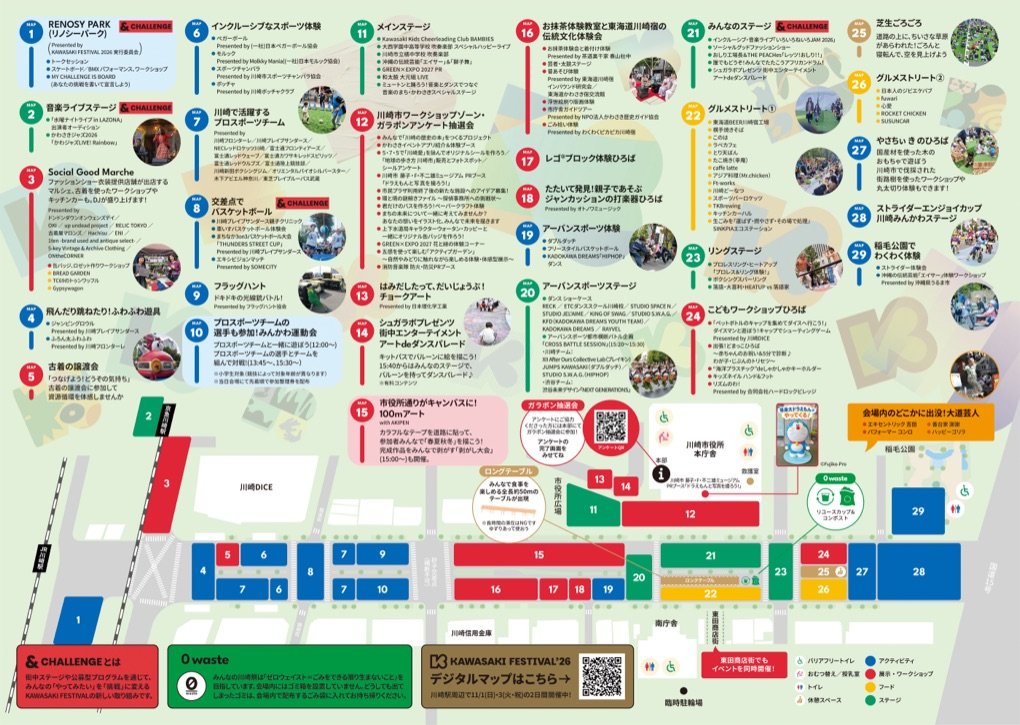 MAP1から29までのエリアと出展内容、市役所通り周辺の配置をまとめた会場マップ