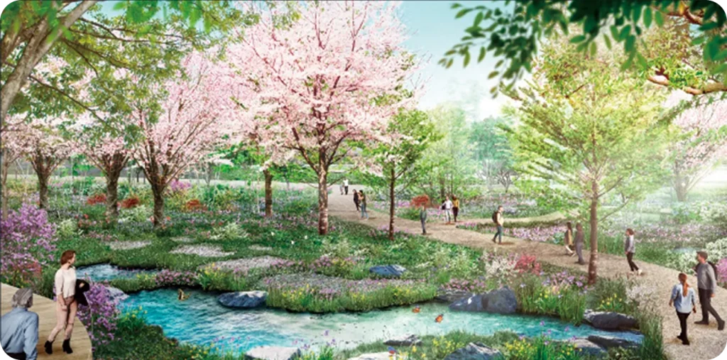 日本政府苑の雨庭のイメージパース。桜並木の下を流れる水辺と園路