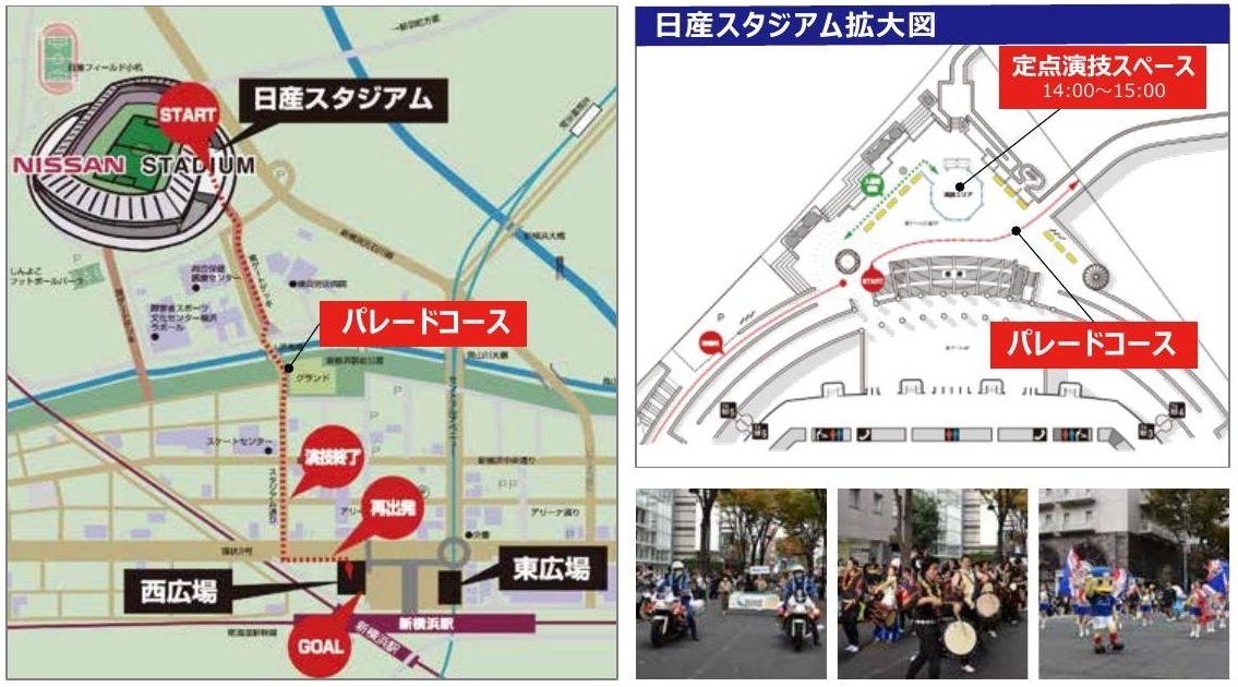 シンヨコスーパーパレードのコース（日産スタジアムから駅前西広場へ）