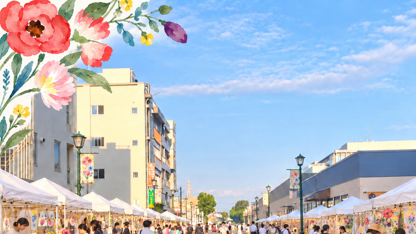 BLOOM MARCHEのメインビジュアル。花のイラストと、テントが並ぶ大和駅東側プロムナード